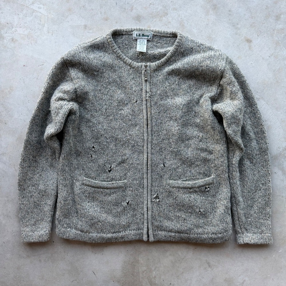 LL Bean Vintage Wool Zip Up Cardigan Sweater Grey Marl Distressed Womens XS